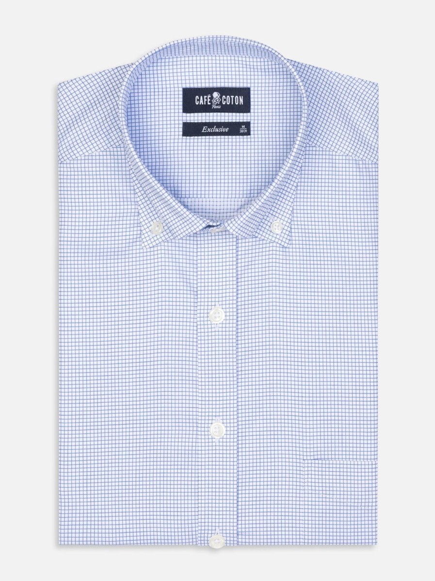 Chemises Homme Café Coton | Chemise Gill A Carreaux Bleu - Col Boutonne