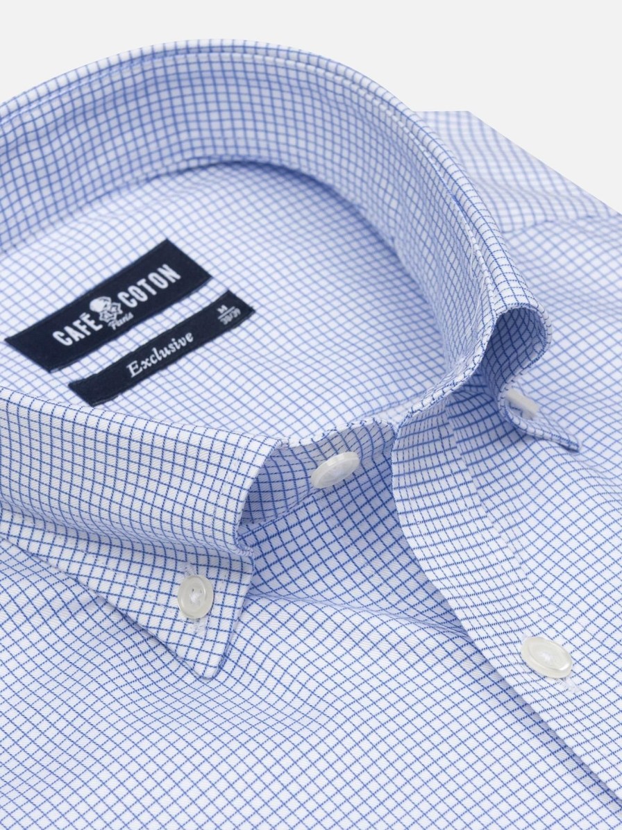 Chemises Homme Café Coton | Chemise Gill A Carreaux Bleu - Col Boutonne