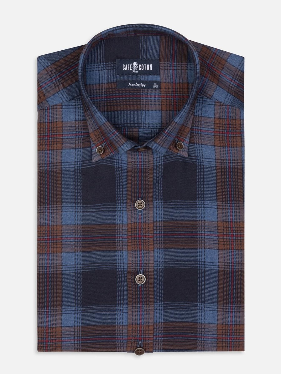 Chemises Homme Café Coton | Chemise Cintree Gleen A Motif Tartan - Col Boutonne