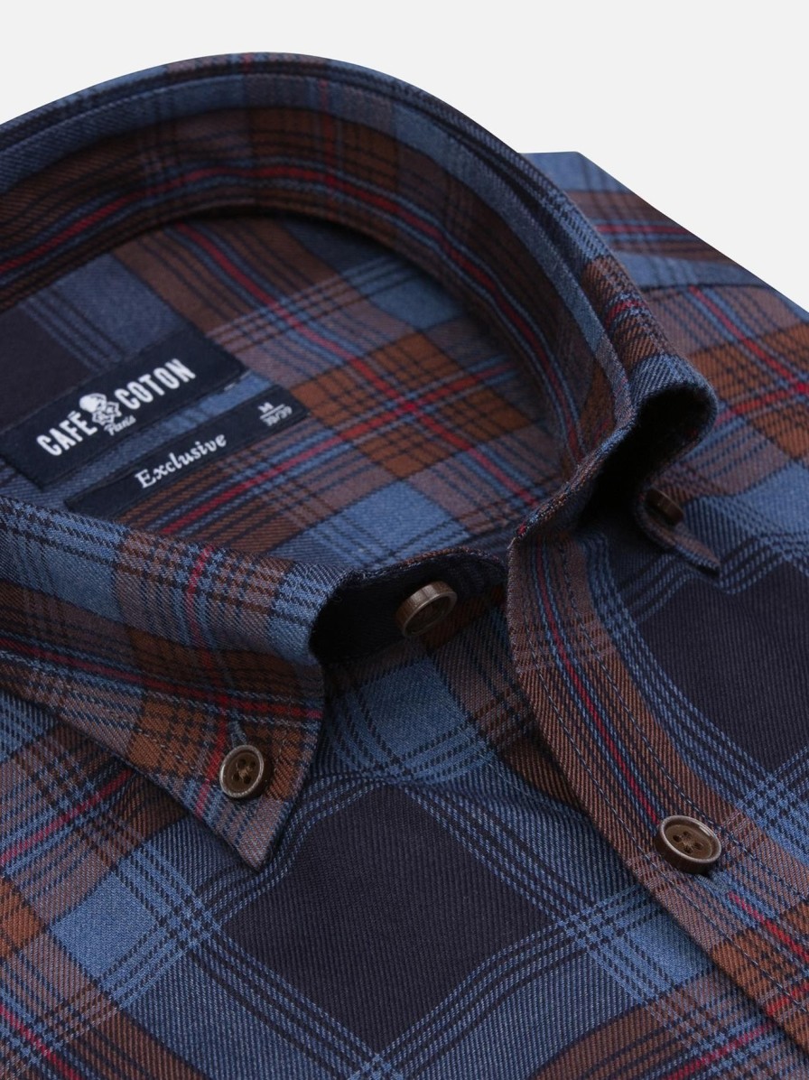 Chemises Homme Café Coton | Chemise Cintree Gleen A Motif Tartan - Col Boutonne