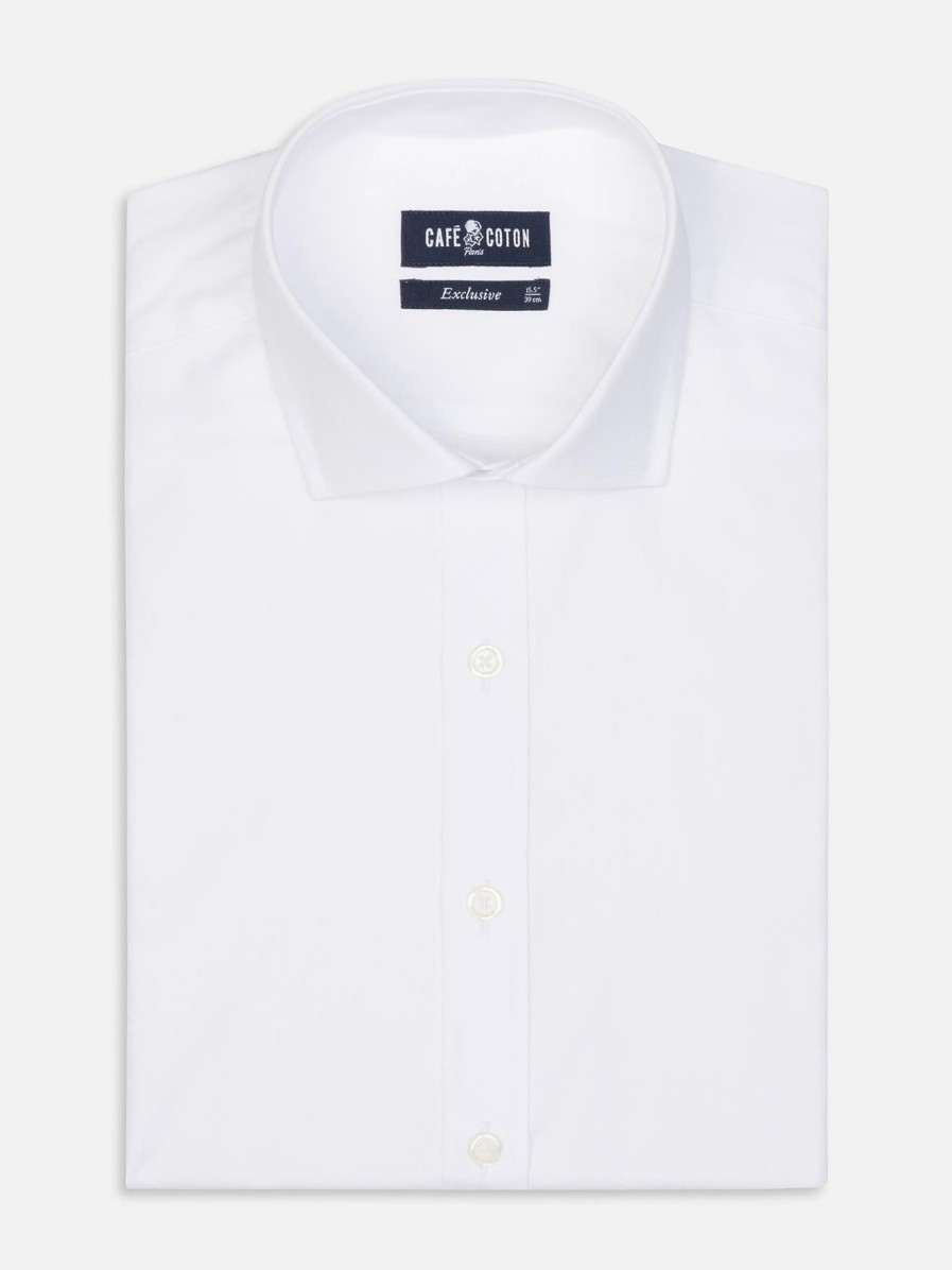 Chemises Homme Café Coton | Chemise Cintree En Pin Point Blanc - Grande Longueur De Manches