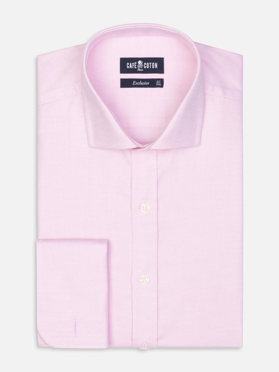 Chemises Homme Café Coton | Chemise Cintree En Natte Rose - Poignets Mousquetaires