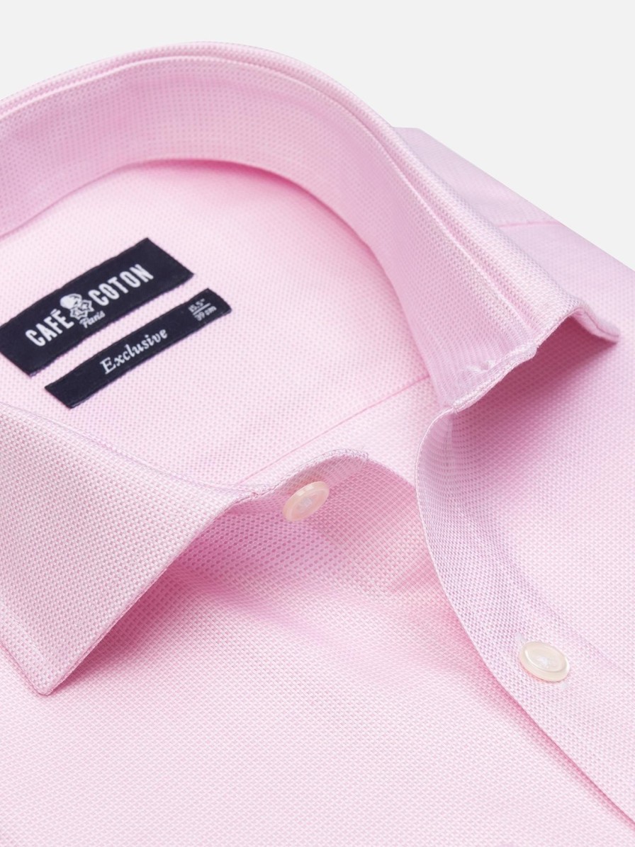 Chemises Homme Café Coton | Chemise Cintree En Natte Rose - Poignets Mousquetaires