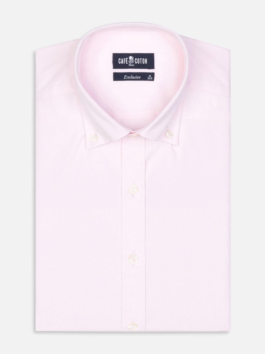 Chemises Homme Café Coton | Chemise Cintree En Pin Point Rose - Col Boutonne