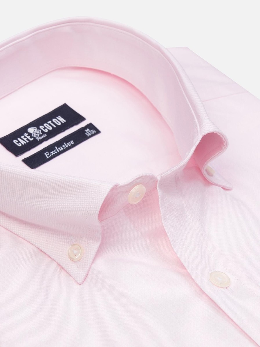 Chemises Homme Café Coton | Chemise Cintree En Pin Point Rose - Col Boutonne