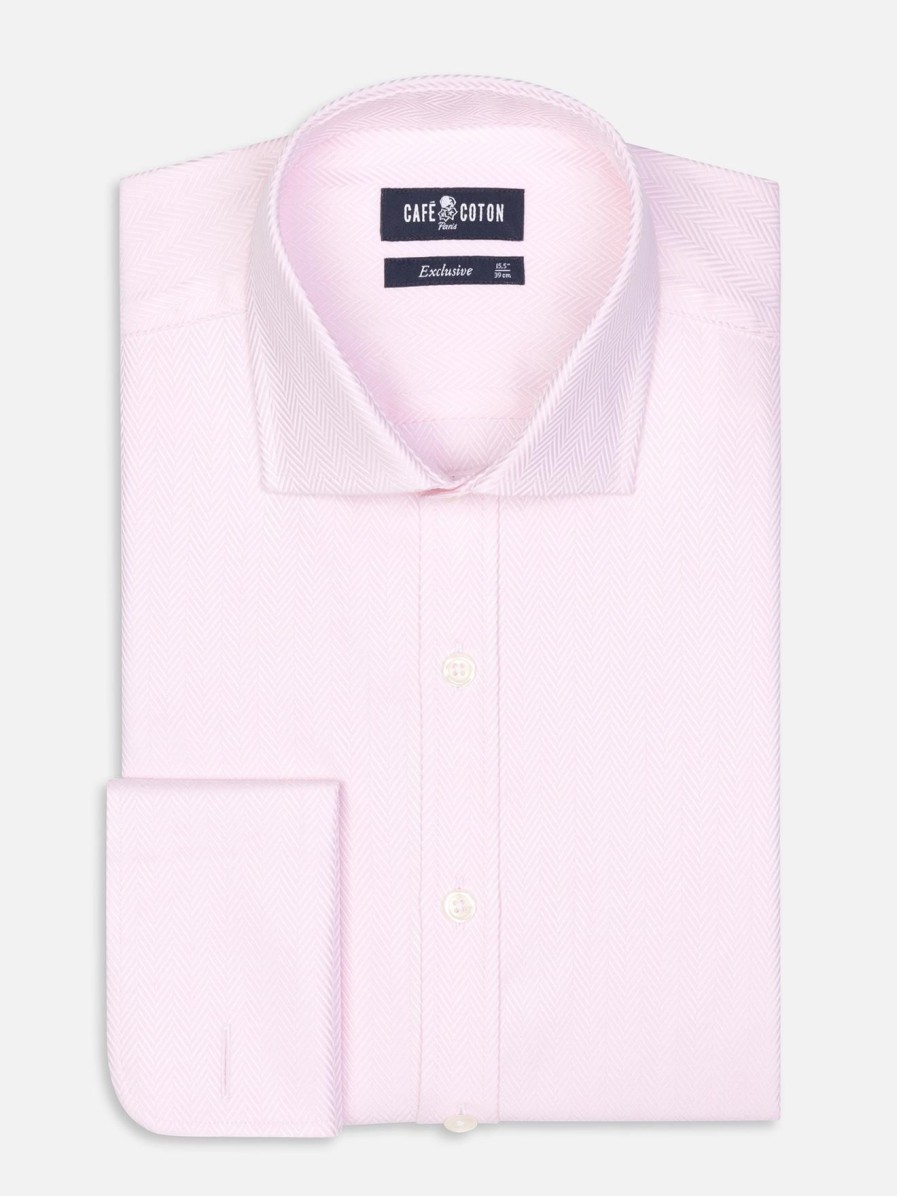 Chemises Homme Café Coton | Chemise En Chevron Rose - Poignets Mousquetaires