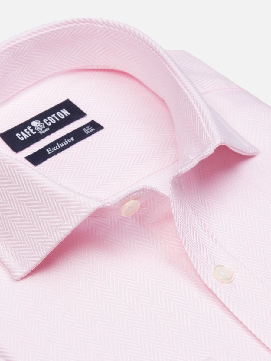 Chemises Homme Café Coton | Chemise En Chevron Rose - Poignets Mousquetaires