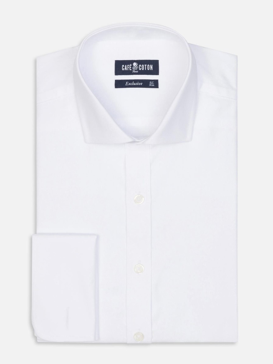 Chemises Homme Café Coton | Chemise Cintree En Oxford Blanc - Poignets Mousquetaires