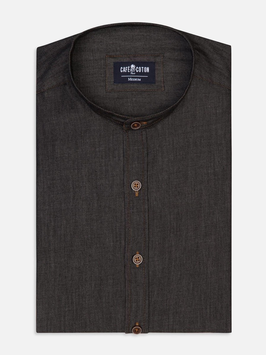 Chemises Homme Café Coton | Chemise Lou Grise En Denim - Col Mao