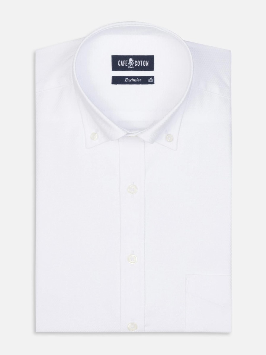 Chemises Homme Café Coton | Chemise Brien En Twill Blanc - Col Boutonne