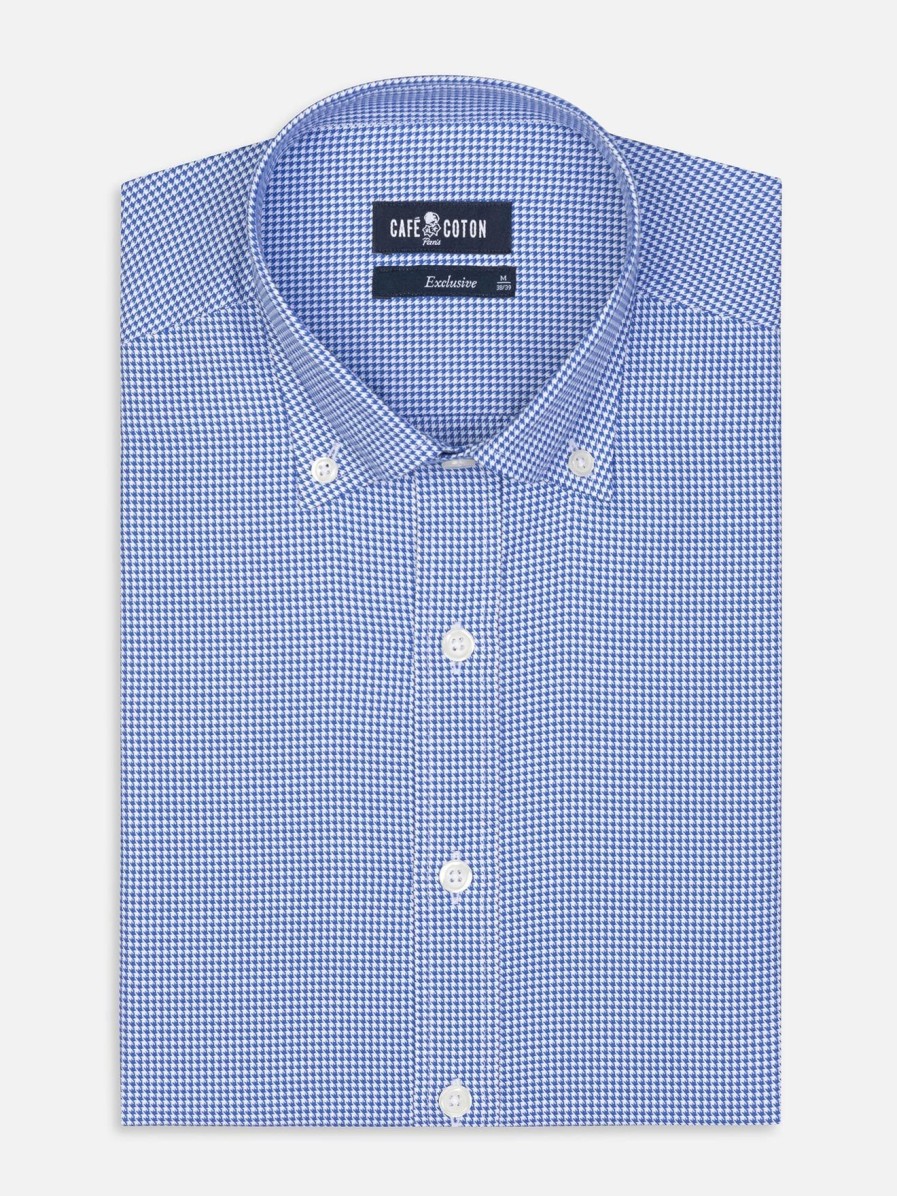 Chemises Homme Café Coton | Chemise Cintree Landry En Vichy Bleu - Col Boutonne