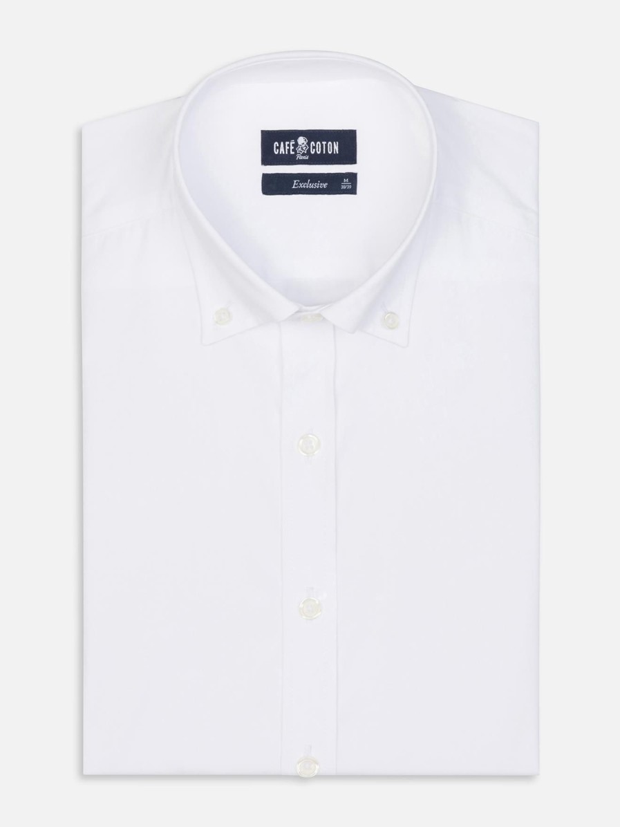 Chemises Homme Café Coton | Chemise Cintree En Popeline Blanche - Col Boutonne