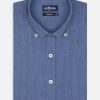 Chemises Homme Café Coton | Chemise Cintree Hall En Flanelle Bleue - Col Boutonne