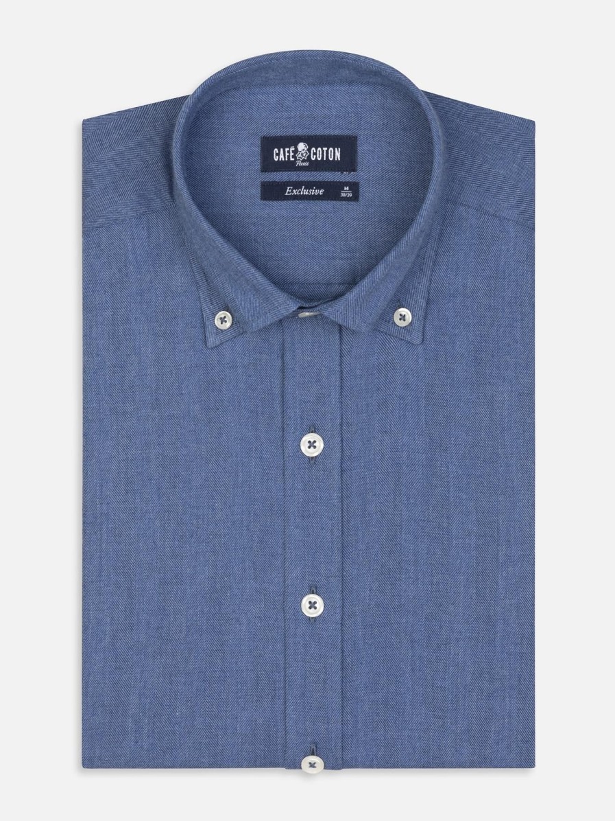 Chemises Homme Café Coton | Chemise Cintree Hall En Flanelle Bleue - Col Boutonne