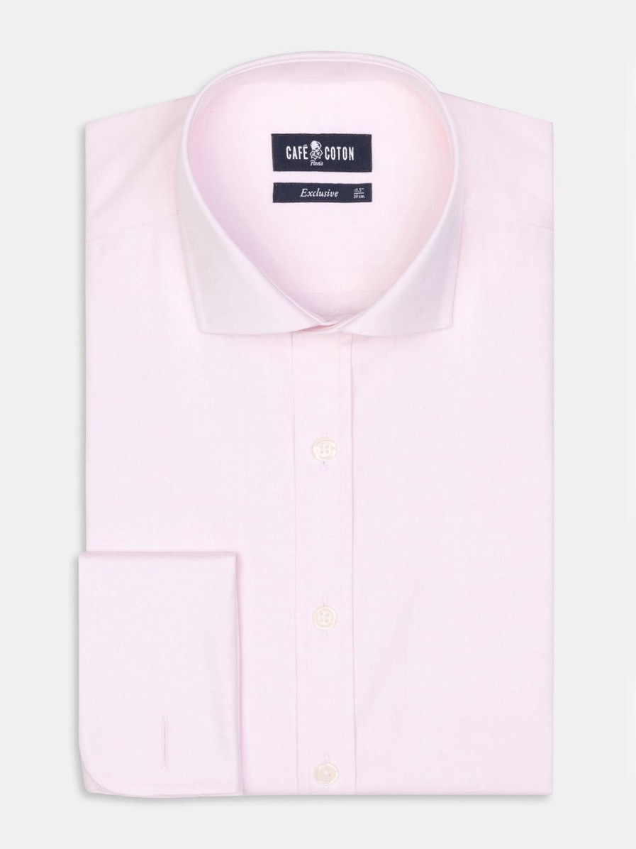 Chemises Homme Café Coton | Chemise En Pin Point Rose - Poignets Mousquetaires