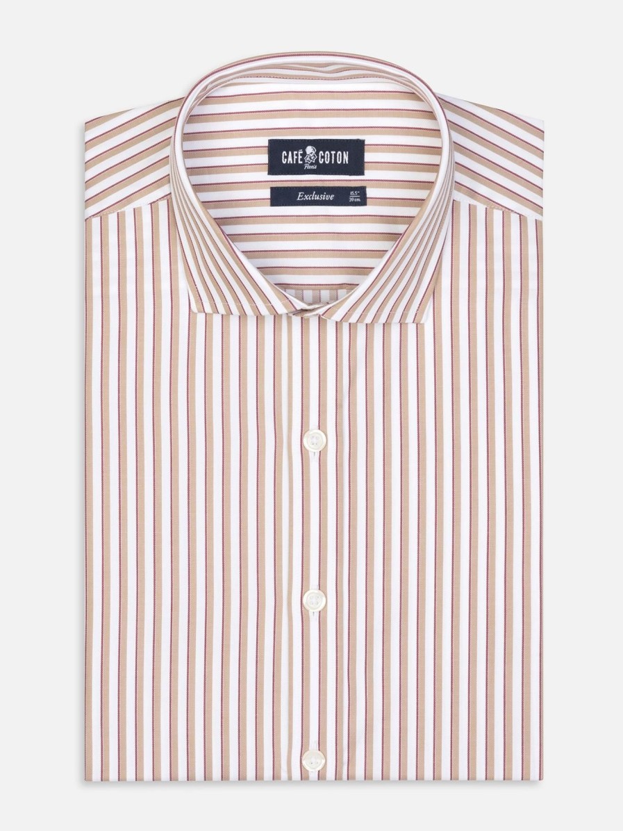 Chemises Homme Café Coton | Chemise Kenneth A Rayures Beige