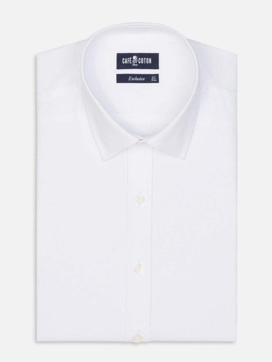 Chemises Homme Café Coton | Chemise Cintree Bayers Texturee Blanche - Petit Col