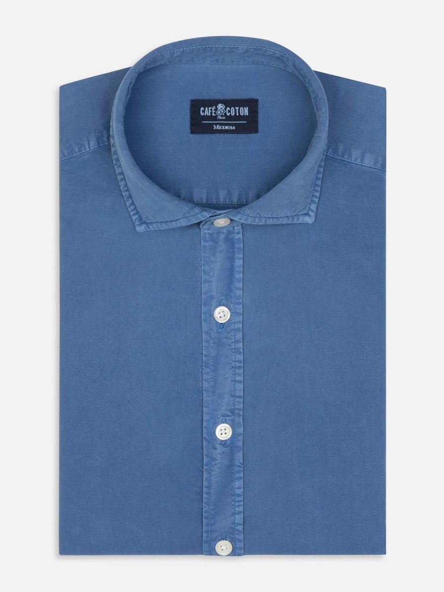 Chemises Homme Café Coton | Chemise Lio En Gabardine Lavee Bleue