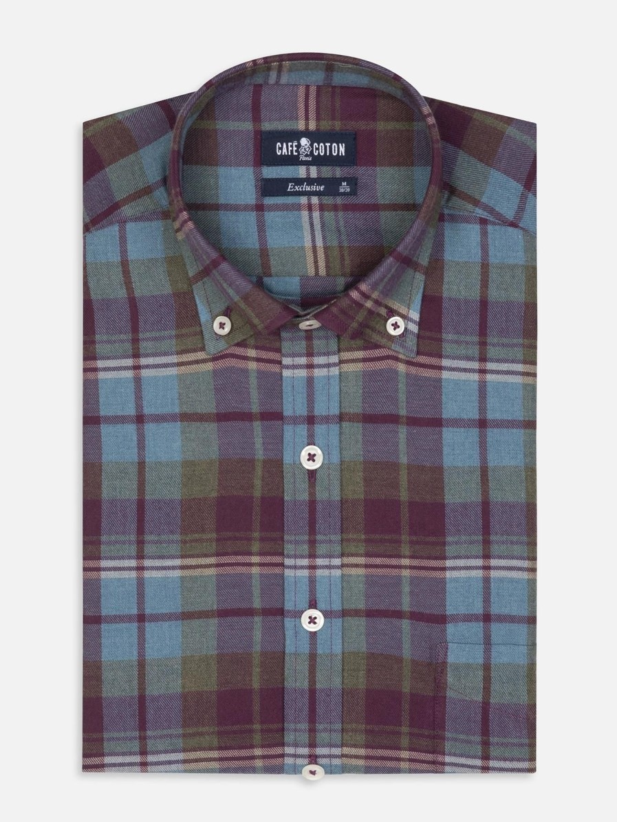 Chemises Homme Café Coton | Chemise Clayton A Motif Tartan - Col Boutonne