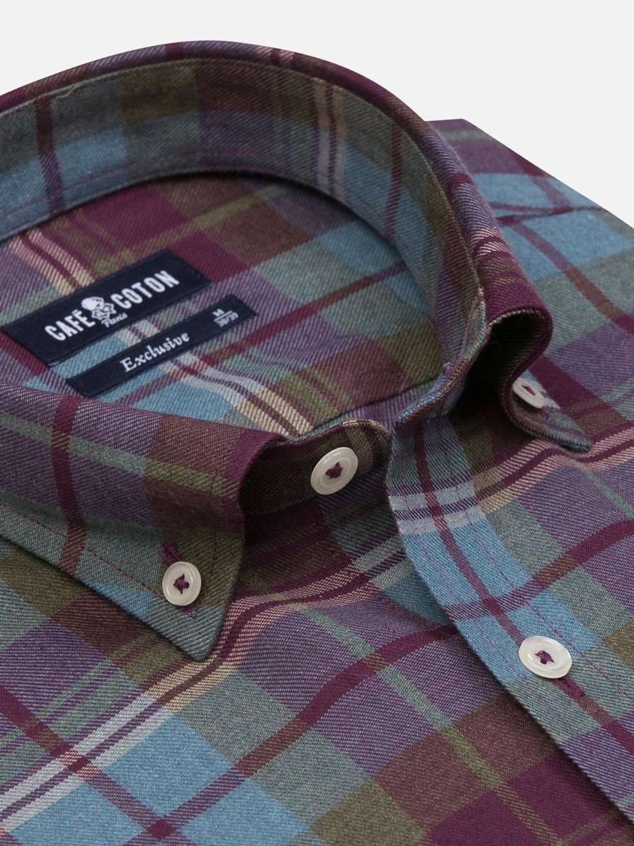 Chemises Homme Café Coton | Chemise Clayton A Motif Tartan - Col Boutonne