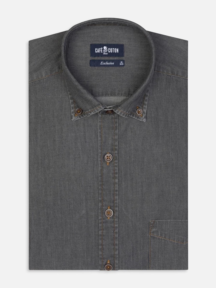 Chemises Homme Café Coton | Chemise Lou En Denim Gris - Col Boutonne