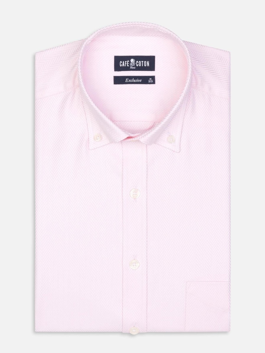 Chemises Homme Café Coton | Chemise En Chevron Rose - Col Boutonne