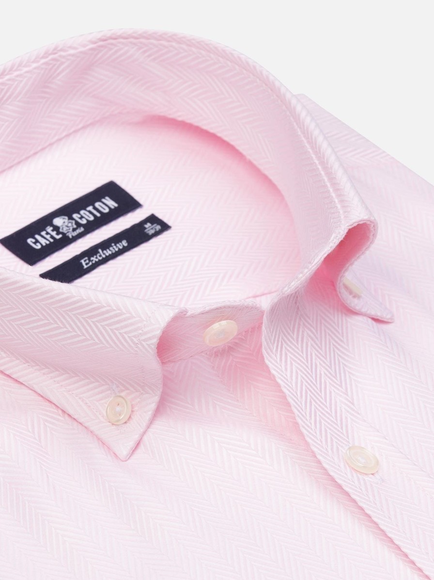 Chemises Homme Café Coton | Chemise En Chevron Rose - Col Boutonne