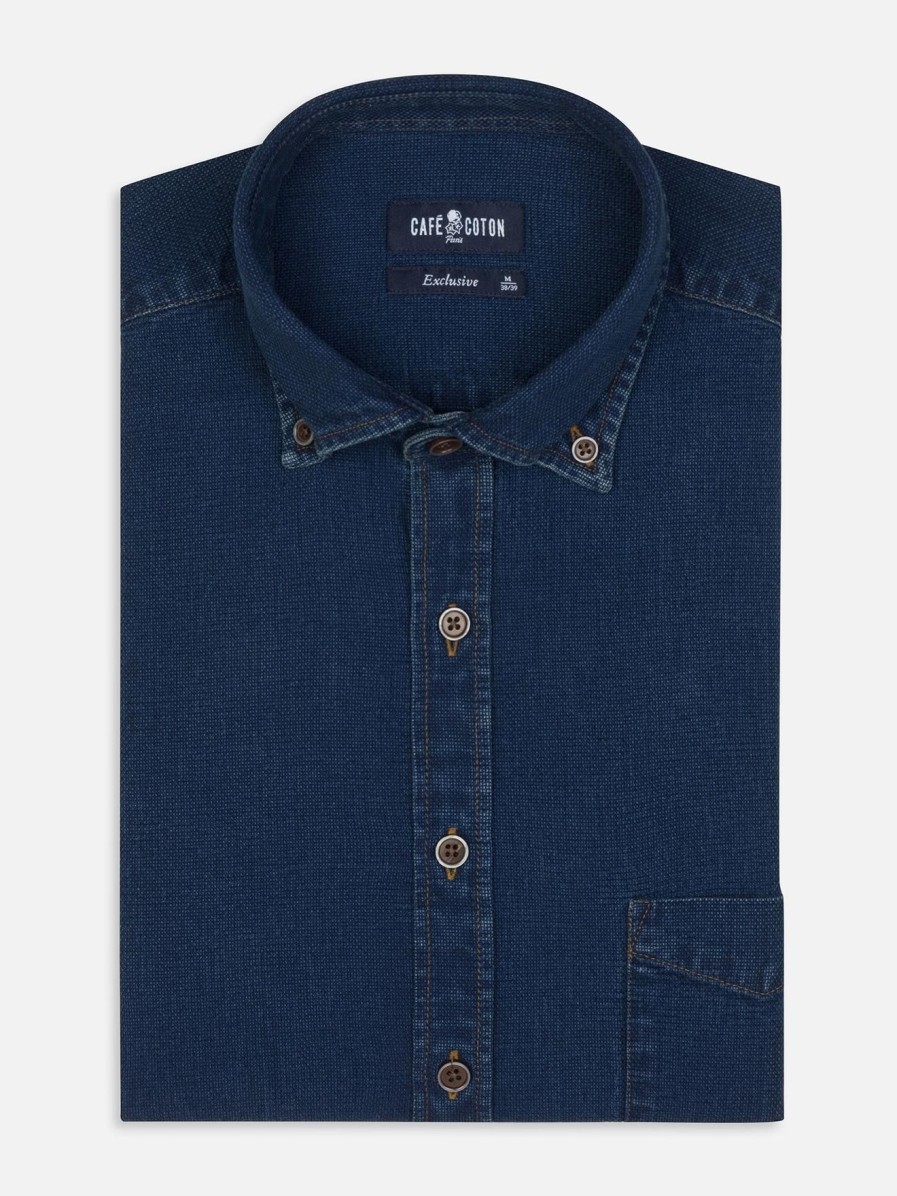 Chemises Homme Café Coton | Chemise Kurt En Oxford Indigo - Col Boutonne