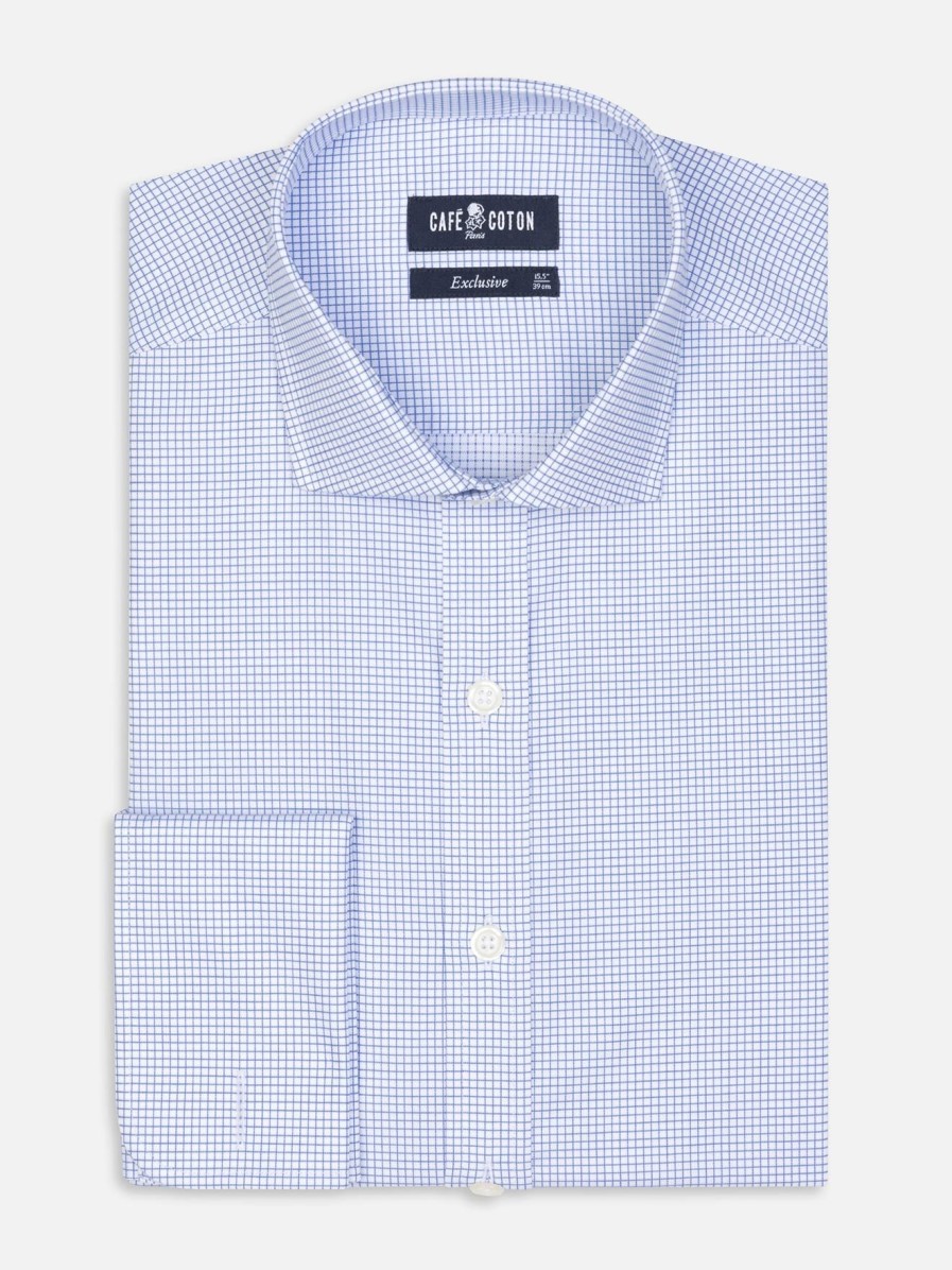 Chemises Homme Café Coton | Chemise Gill A Carreaux Bleu - Poignets Mousquetaires