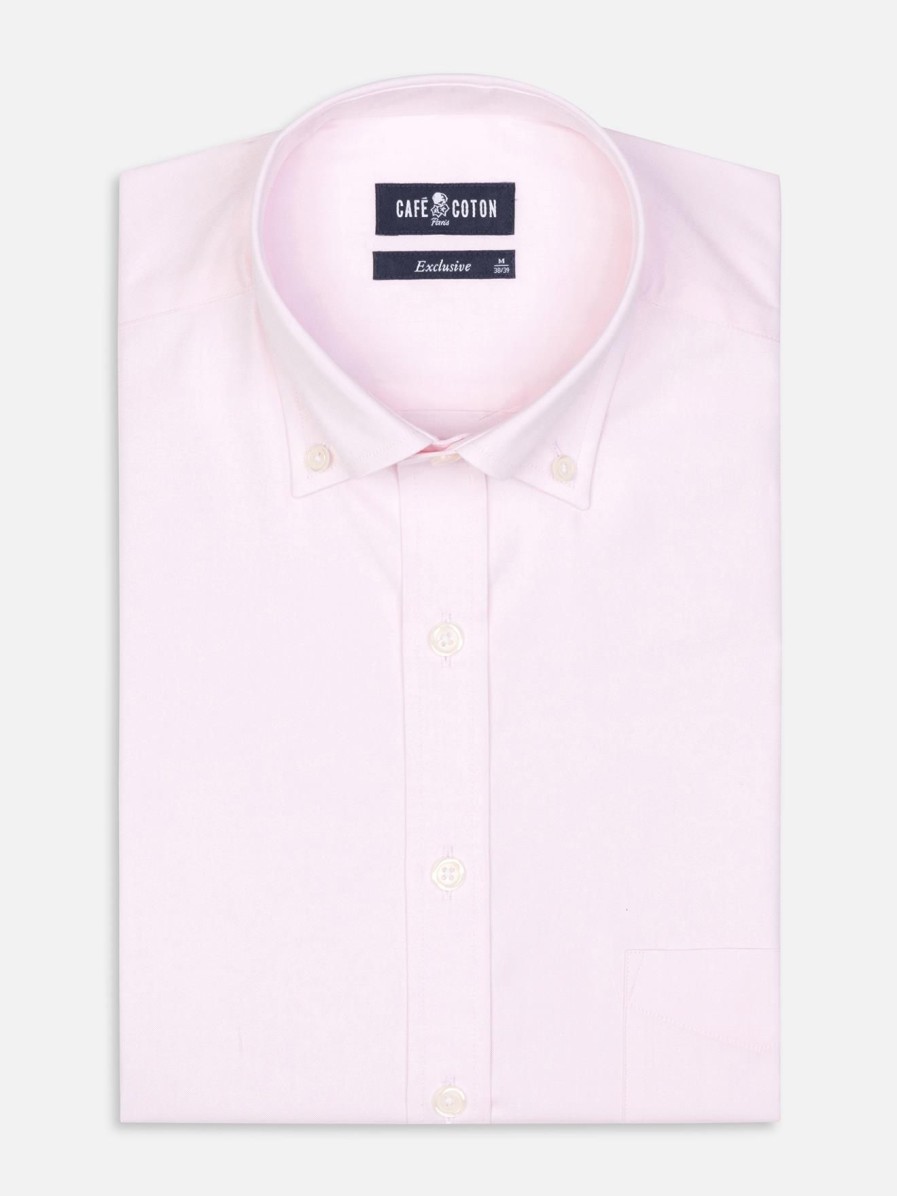 Chemises Homme Café Coton | Chemise En Pin Point Rose - Col Boutonne