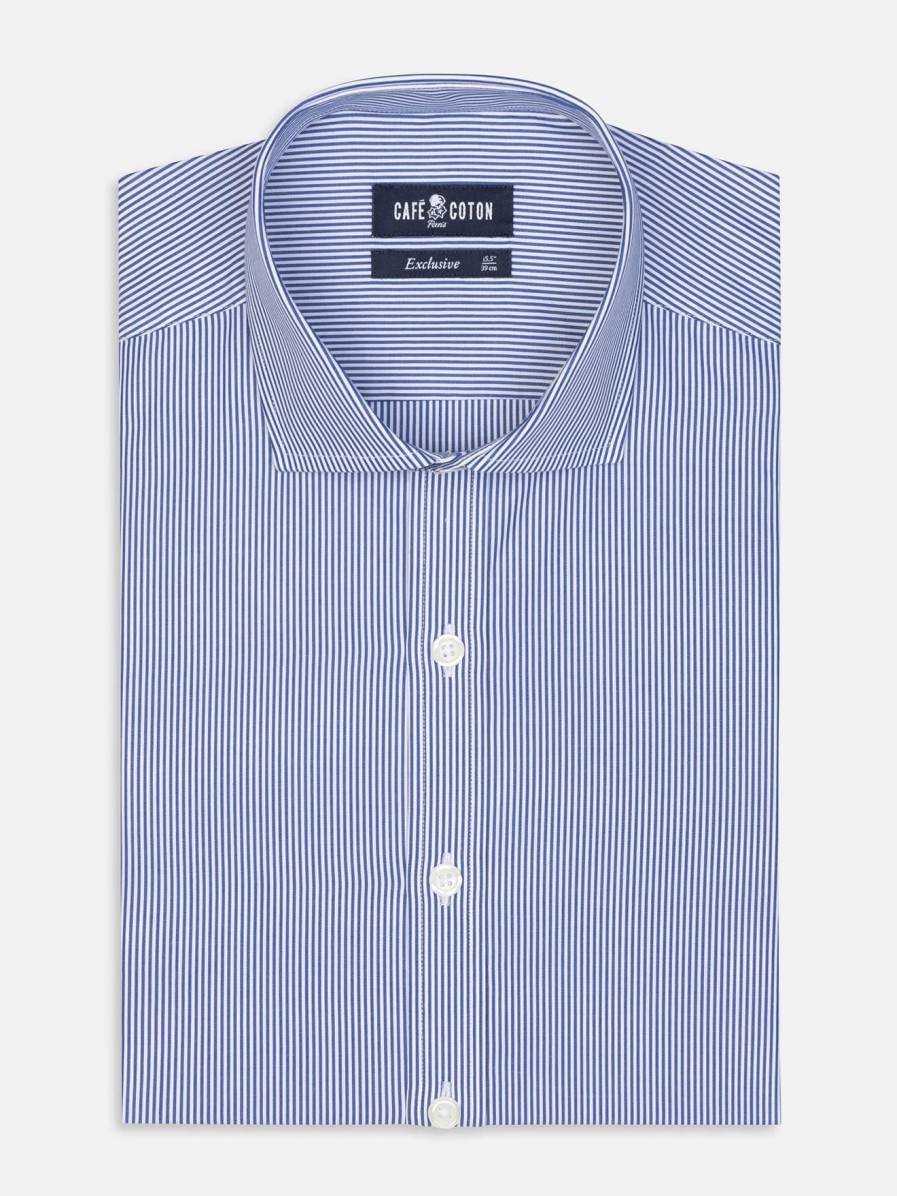 Chemises Homme Café Coton | Chemise Cintree Menthon A Rayures Marine