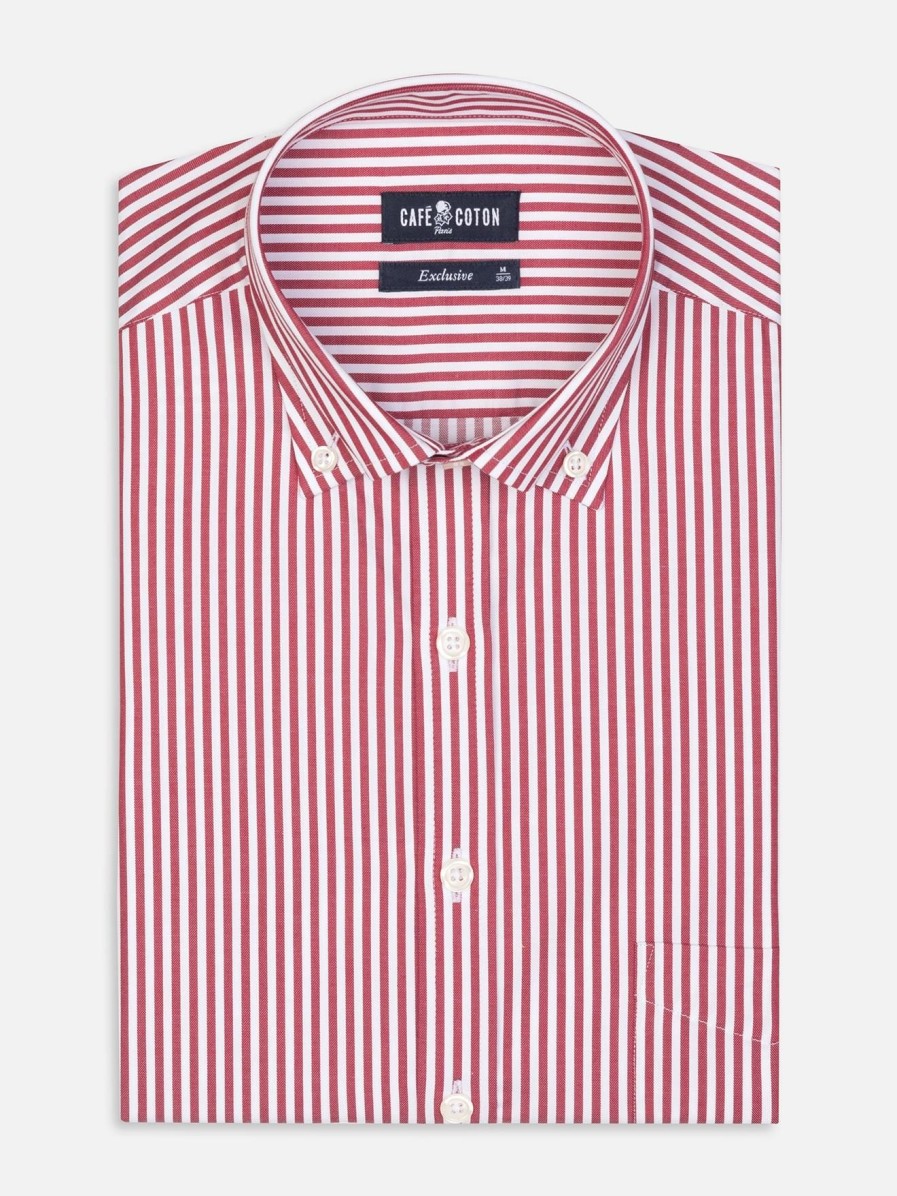 Chemises Homme Café Coton | Chemise Nick A Rayures Rouges - Col Boutonne