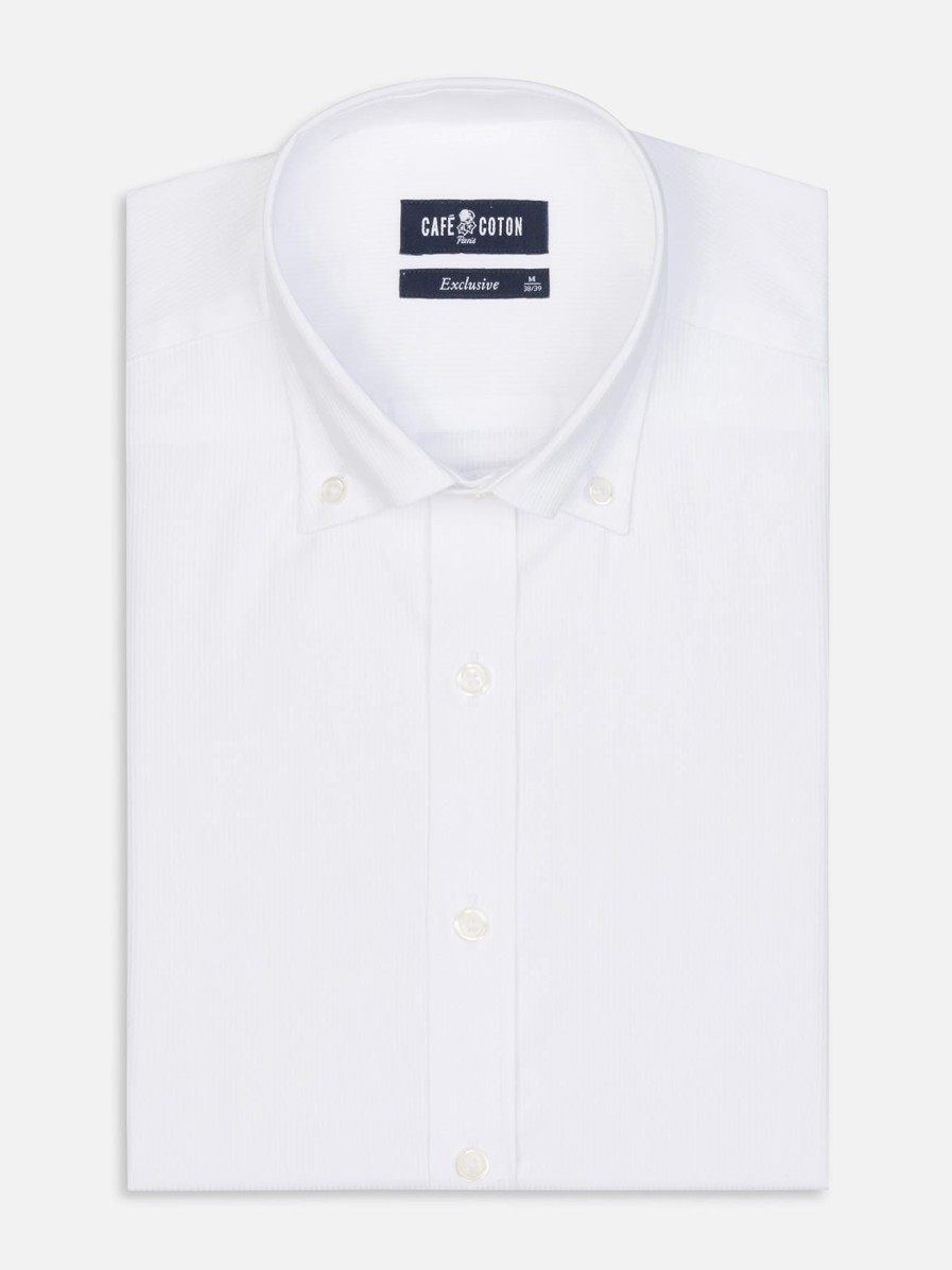 Chemises Homme Café Coton | Chemise Cintree En Pique Blanc - Col Boutonne