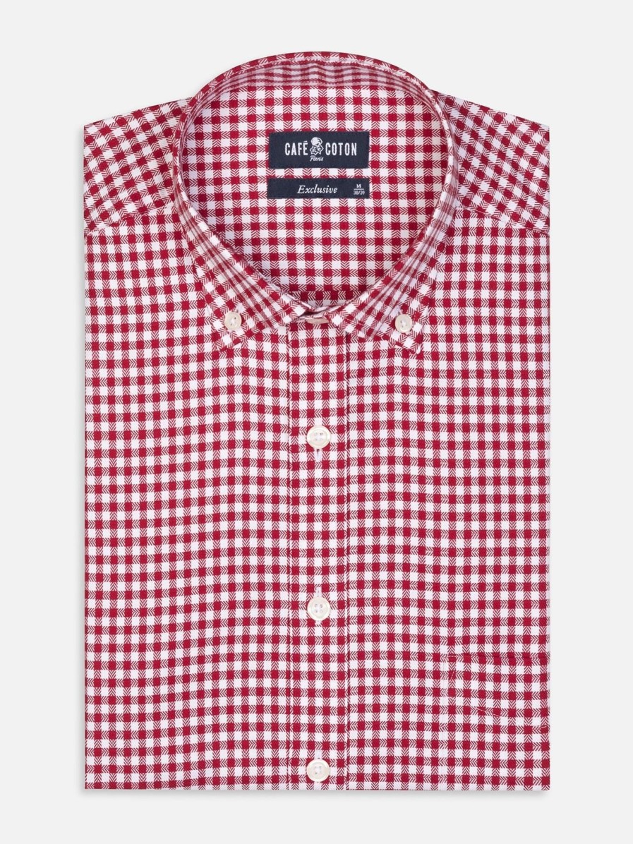 Chemises Homme Café Coton | Chemise Lucas A Carreaux Rouge - Col Boutonne