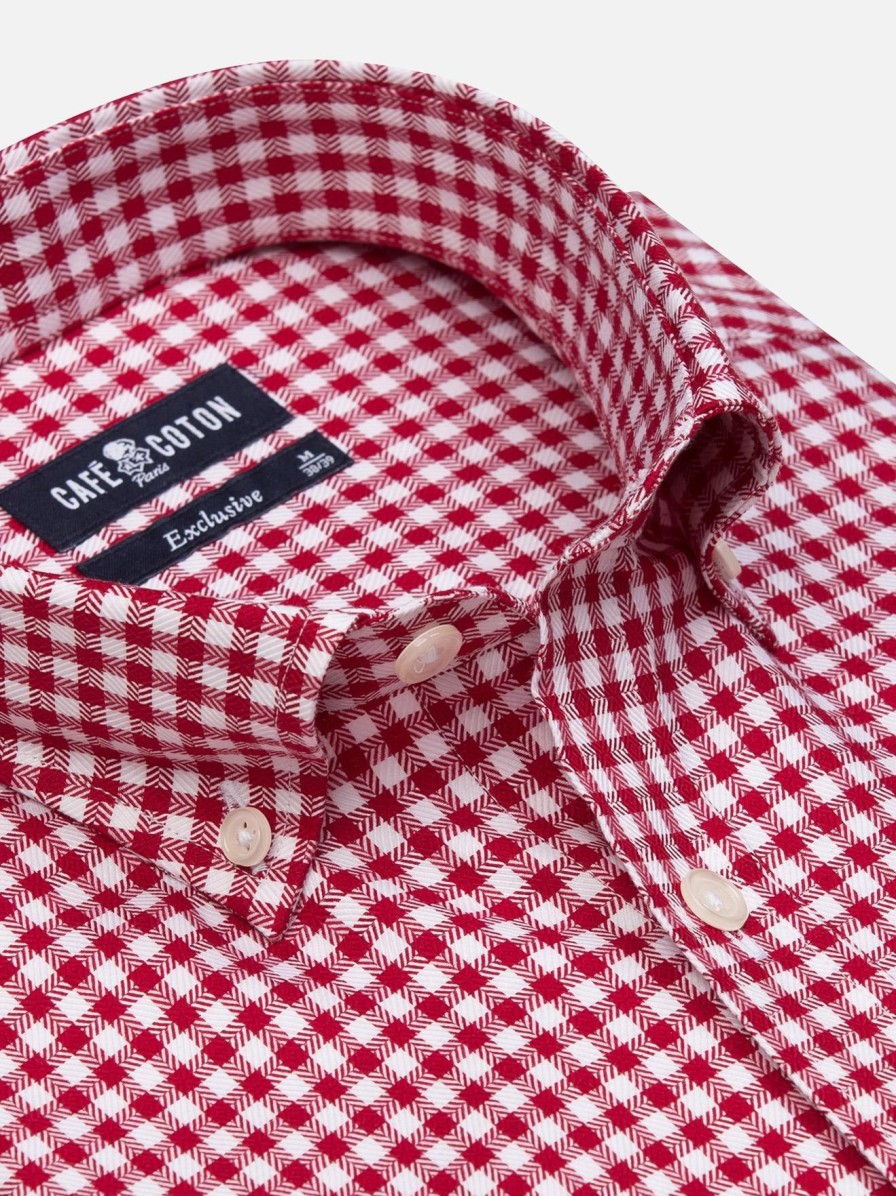 Chemises Homme Café Coton | Chemise Lucas A Carreaux Rouge - Col Boutonne