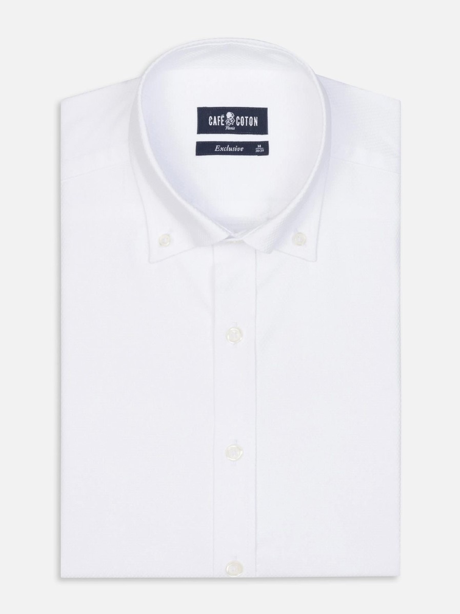 Chemises Homme Café Coton | Chemise Cintree Brien En Twill Blanc - Col Boutonne