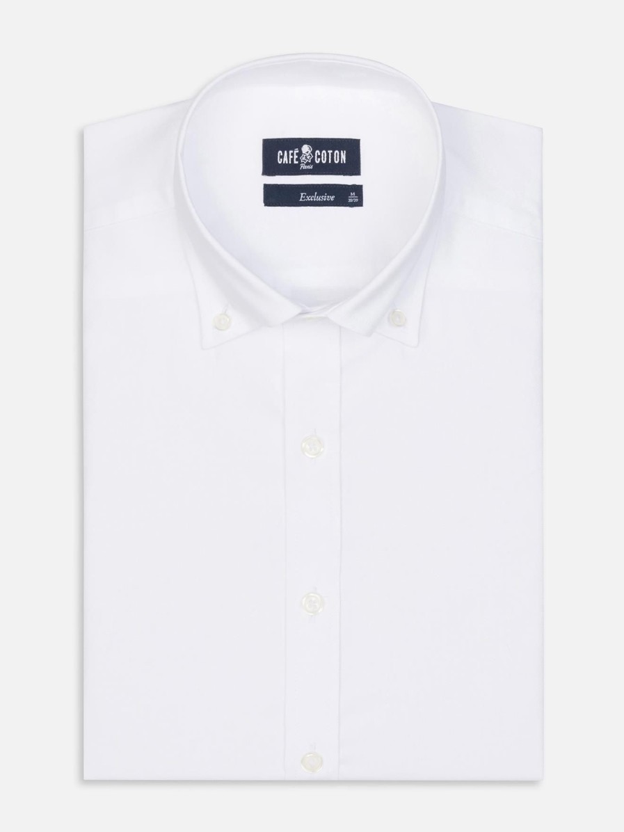 Chemises Homme Café Coton | Chemise Cintree En Oxford Blanc - Col Boutonne