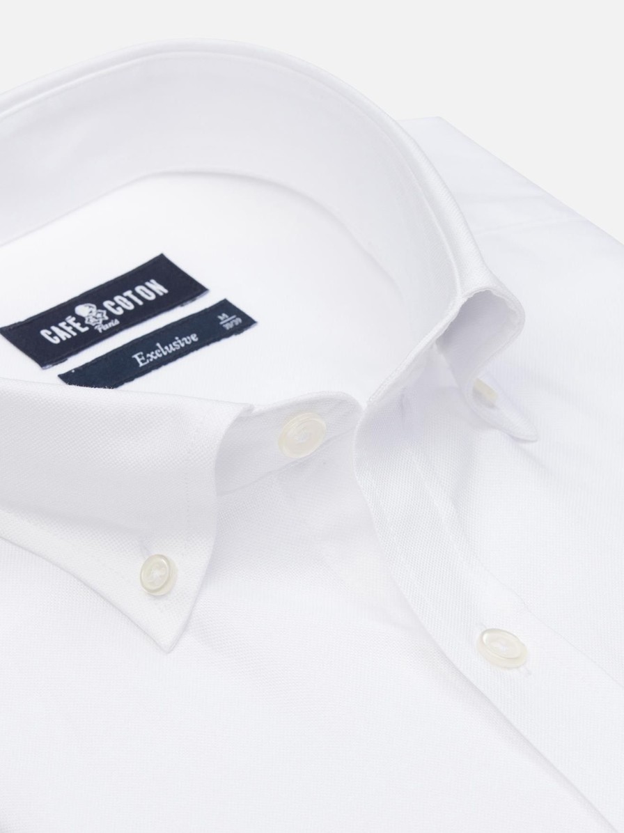 Chemises Homme Café Coton | Chemise Cintree En Oxford Blanc - Col Boutonne