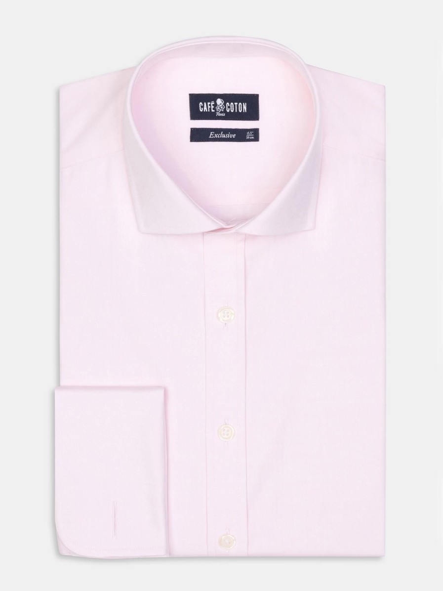 Chemises Homme Café Coton | Chemise Cintree En Pin Point Rose - Poignets Mousquetaires