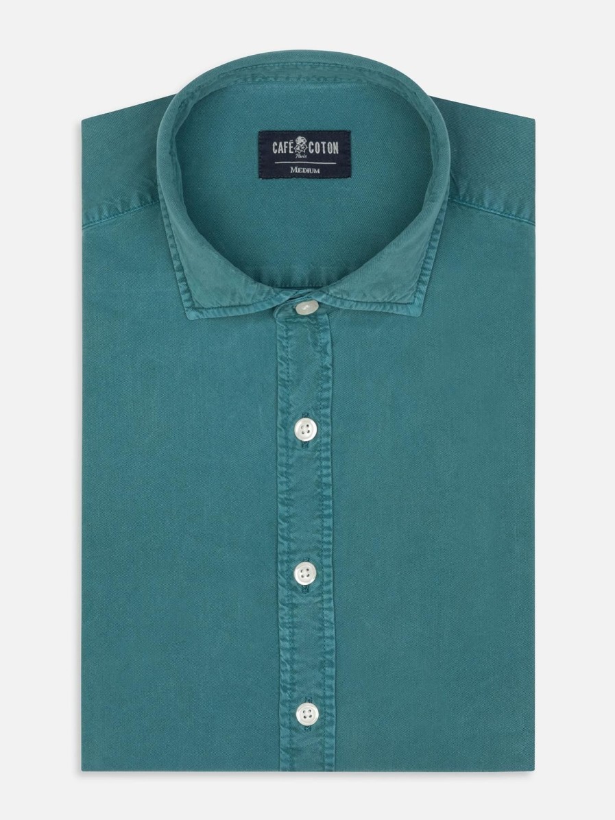 Chemises Homme Café Coton | Chemise Lio En Gabardine Lavee Celadon