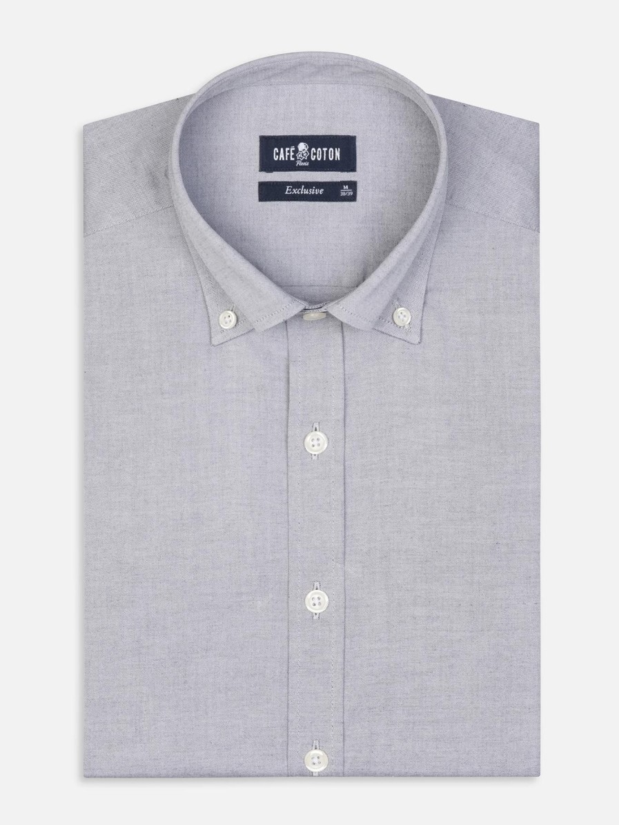 Chemises Homme Café Coton | Chemise Cintree En Pin Point Gris - Col Boutonne