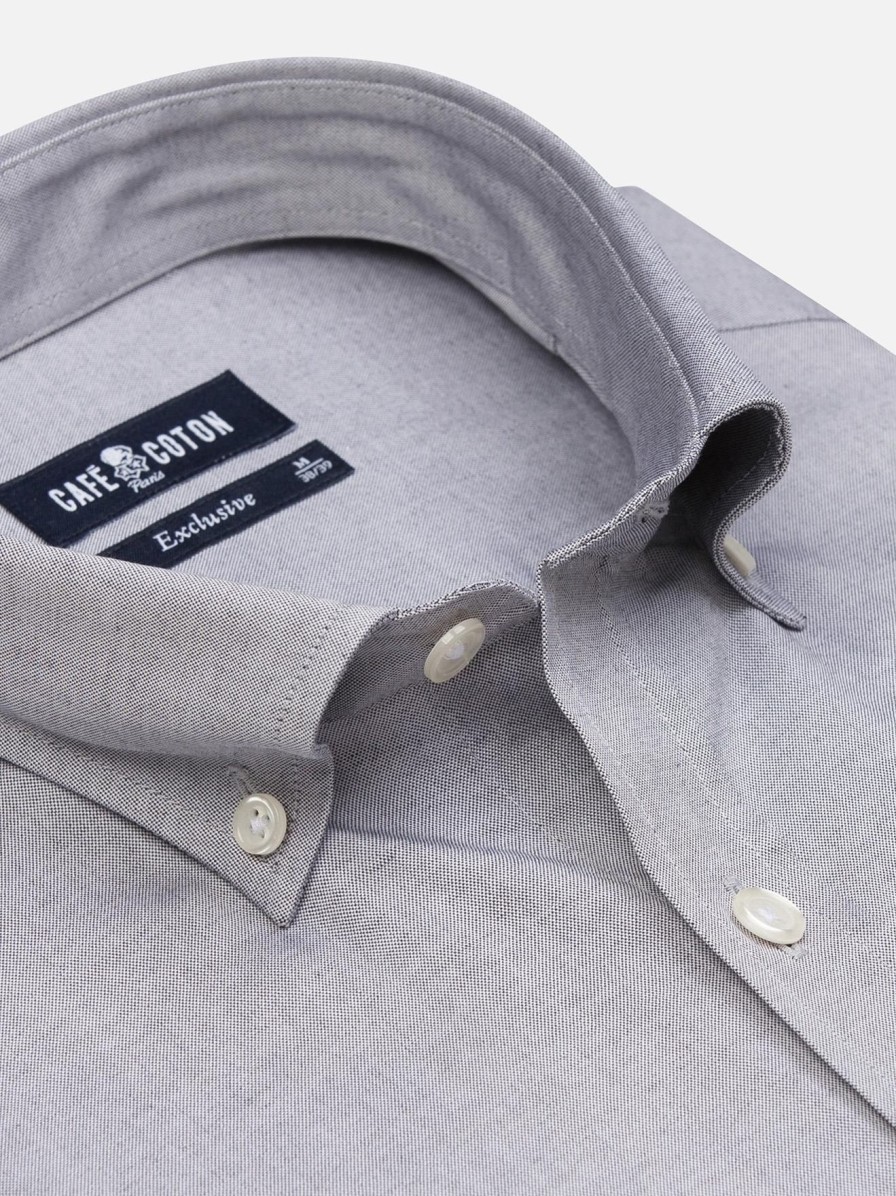 Chemises Homme Café Coton | Chemise Cintree En Pin Point Gris - Col Boutonne