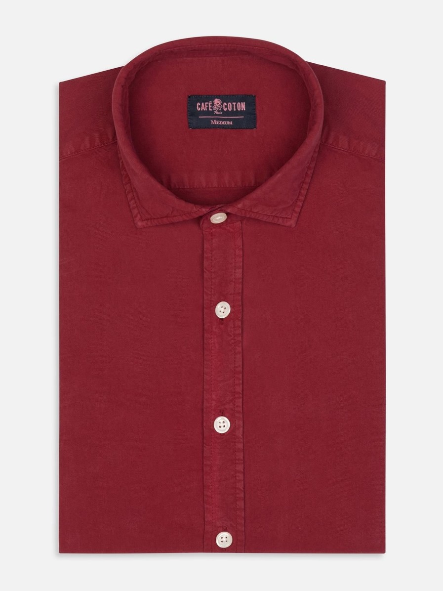 Chemises Homme Café Coton | Chemise Lio En Gabardine Lavee Rouge