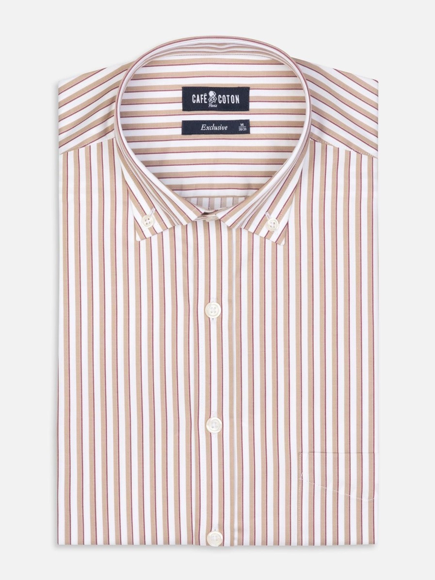 Chemises Homme Café Coton | Chemise Kenneth A Rayures Beige - Col Boutonne