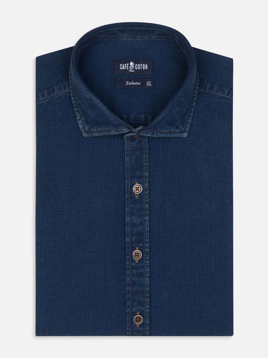 Chemises Homme Café Coton | Chemise Cintree Kurt En Oxford Indigo