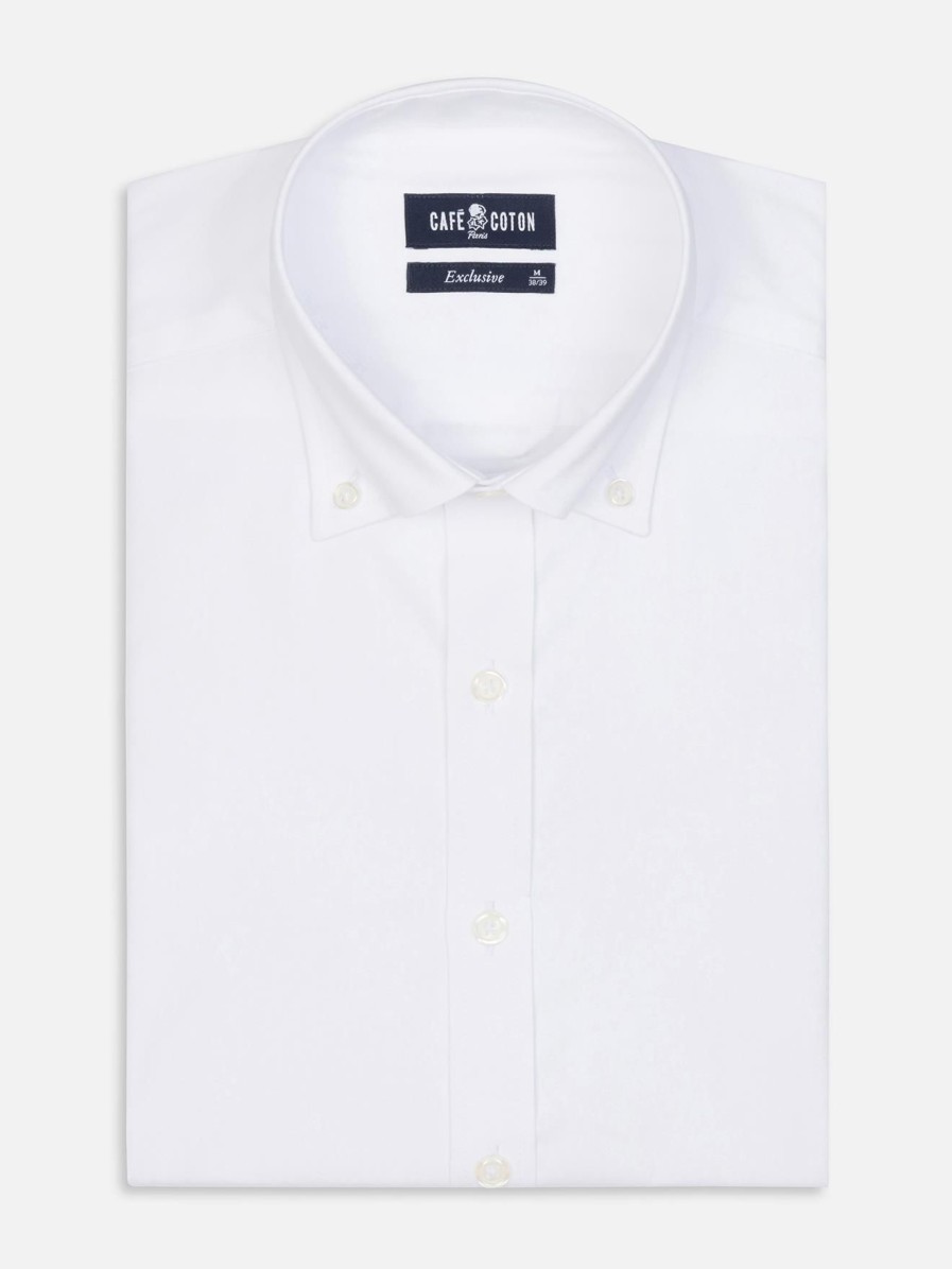 Chemises Homme Café Coton | Chemise Cintree En Pin Point Blanc - Col Boutonne