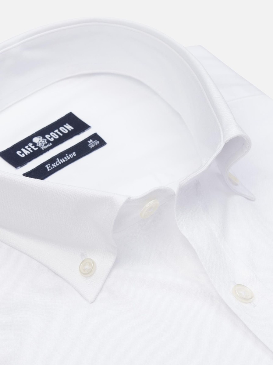 Chemises Homme Café Coton | Chemise Cintree En Pin Point Blanc - Col Boutonne