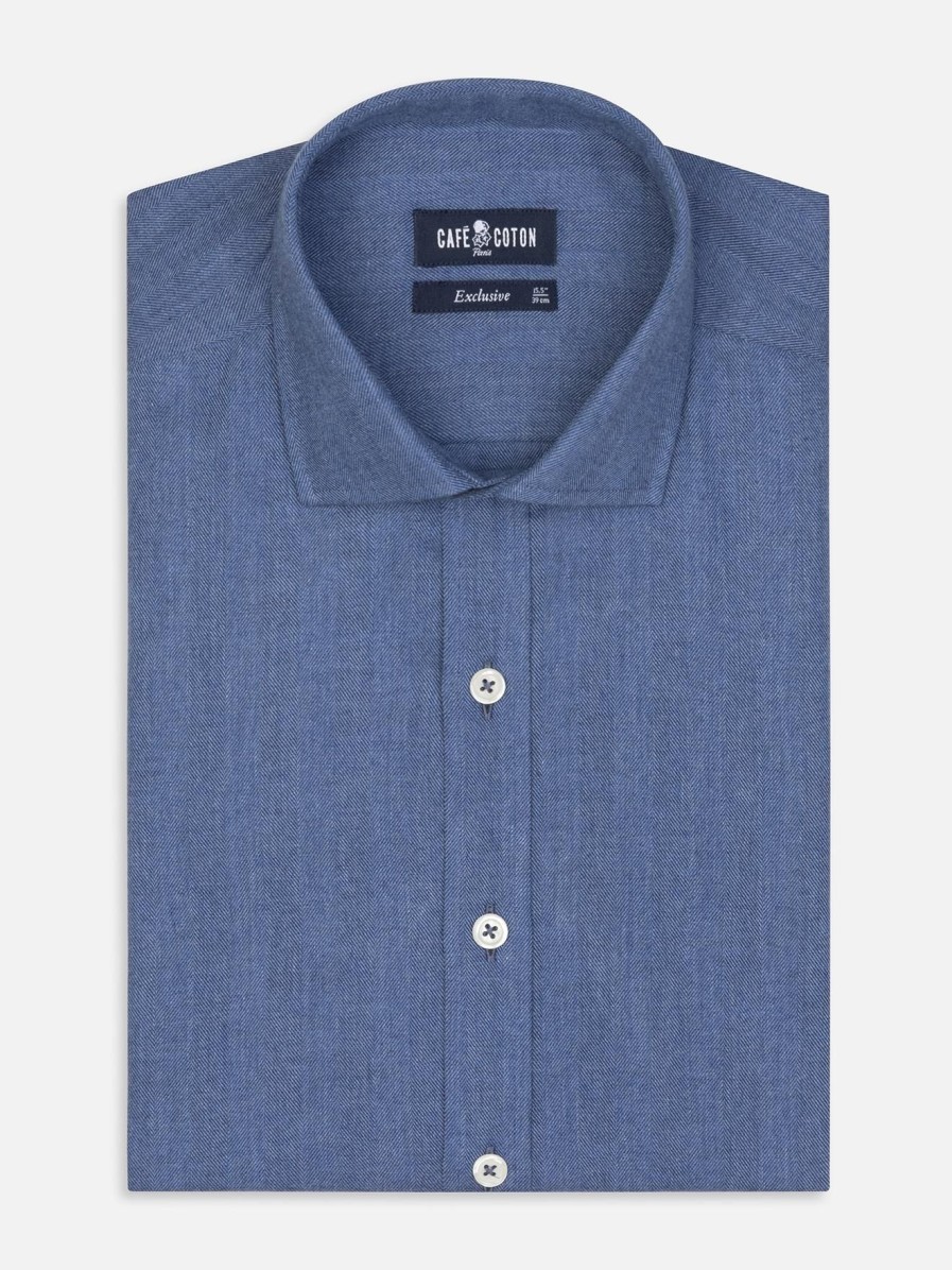 Chemises Homme Café Coton | Chemise Cintree Hall En Flanelle Bleue