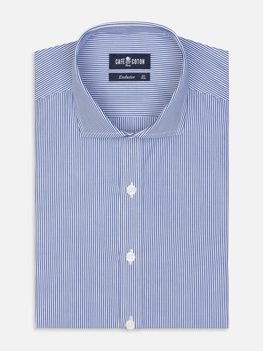 Chemises Homme Café Coton | Chemise Cintree Menthon A Rayures Marine - Grande Longueur De Manches