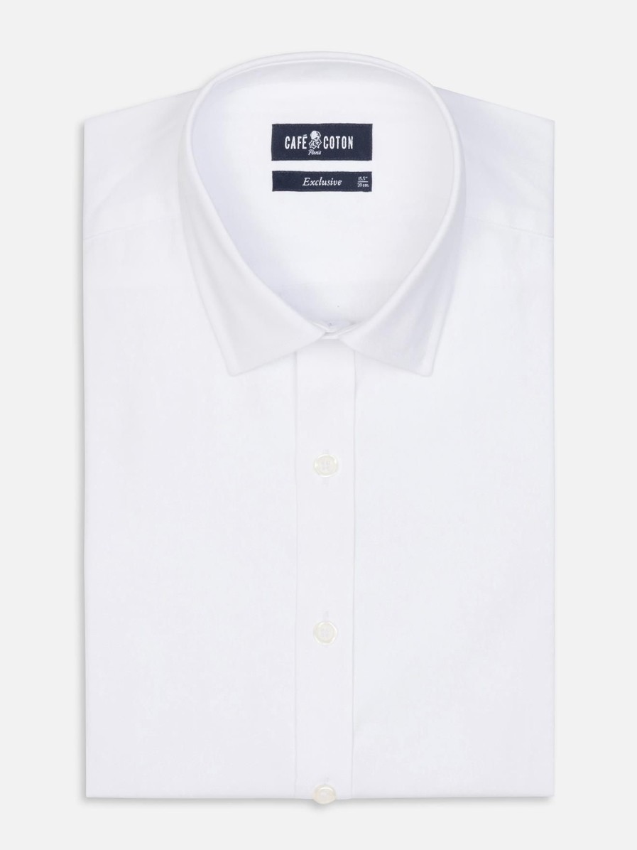 Chemises Homme Café Coton | Chemise Cintree En Pin Point Blanc - Petit Col